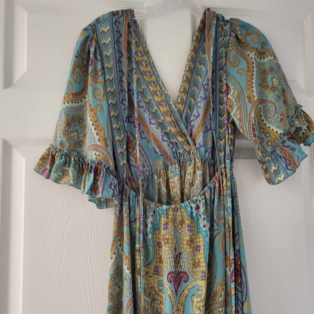 Earthbound Turqouise Green Blue Boho Ruffle Maxi Dress M - Picture 4 of 9